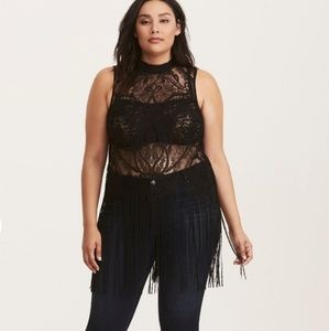 TORRID Black Lace Fringe Mock Neck Top